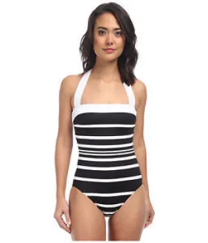 Ralph Lauren Womens Black Kaylee Stripe Bandeau Mio One Piece Swimsuit Size 10